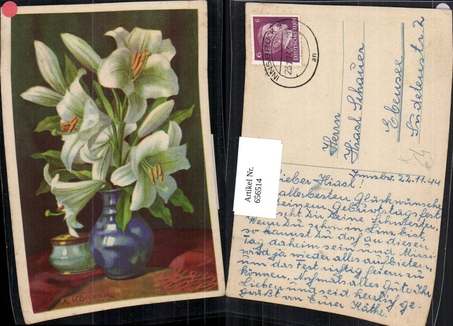 656514,Künstler Ak A. Körber Weiße Lilien in Vase Blumen