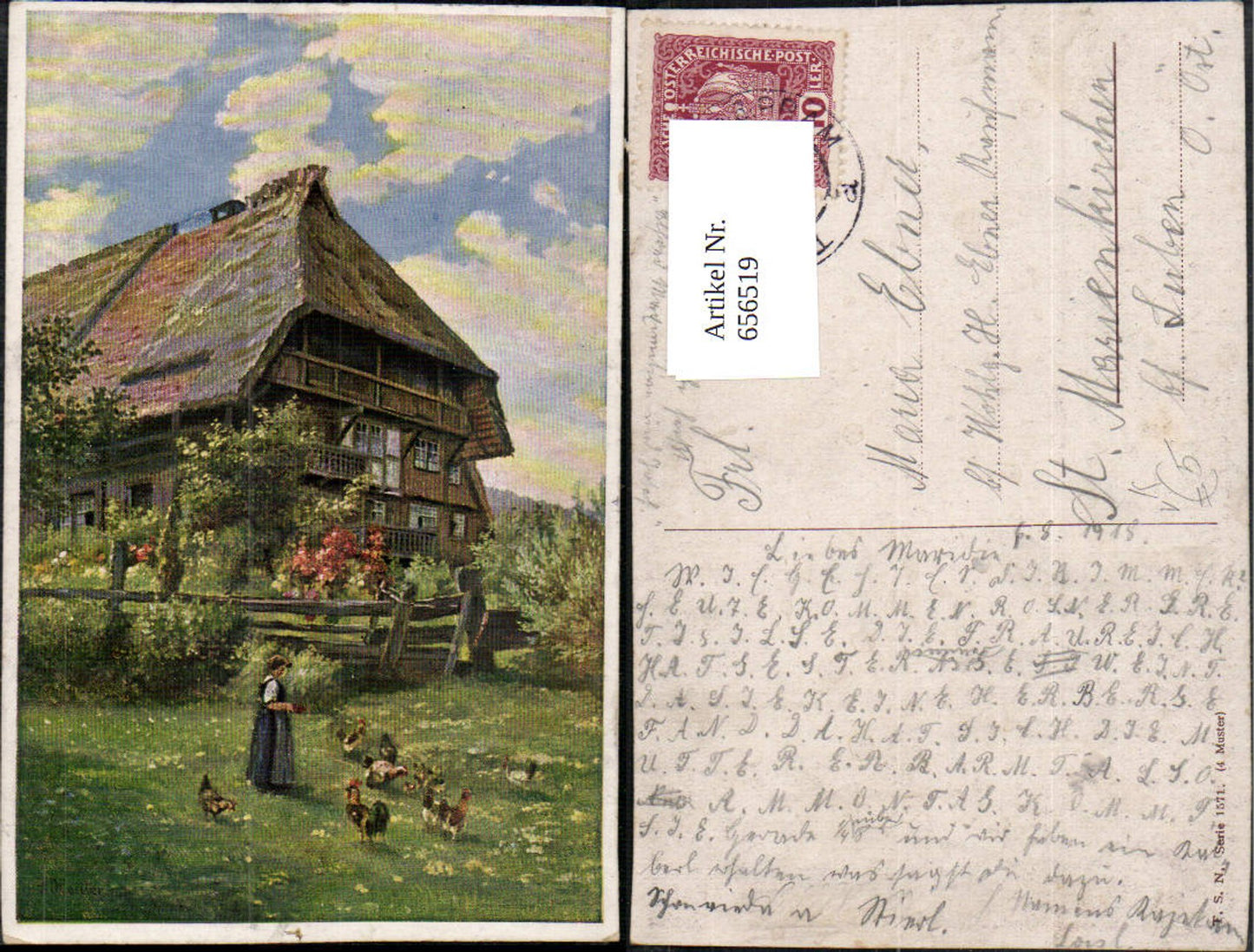 656519,Künstler Ak Frau füttert Hühner Landwirtschaft Bauernhaus pub Theo Stroefer 1571