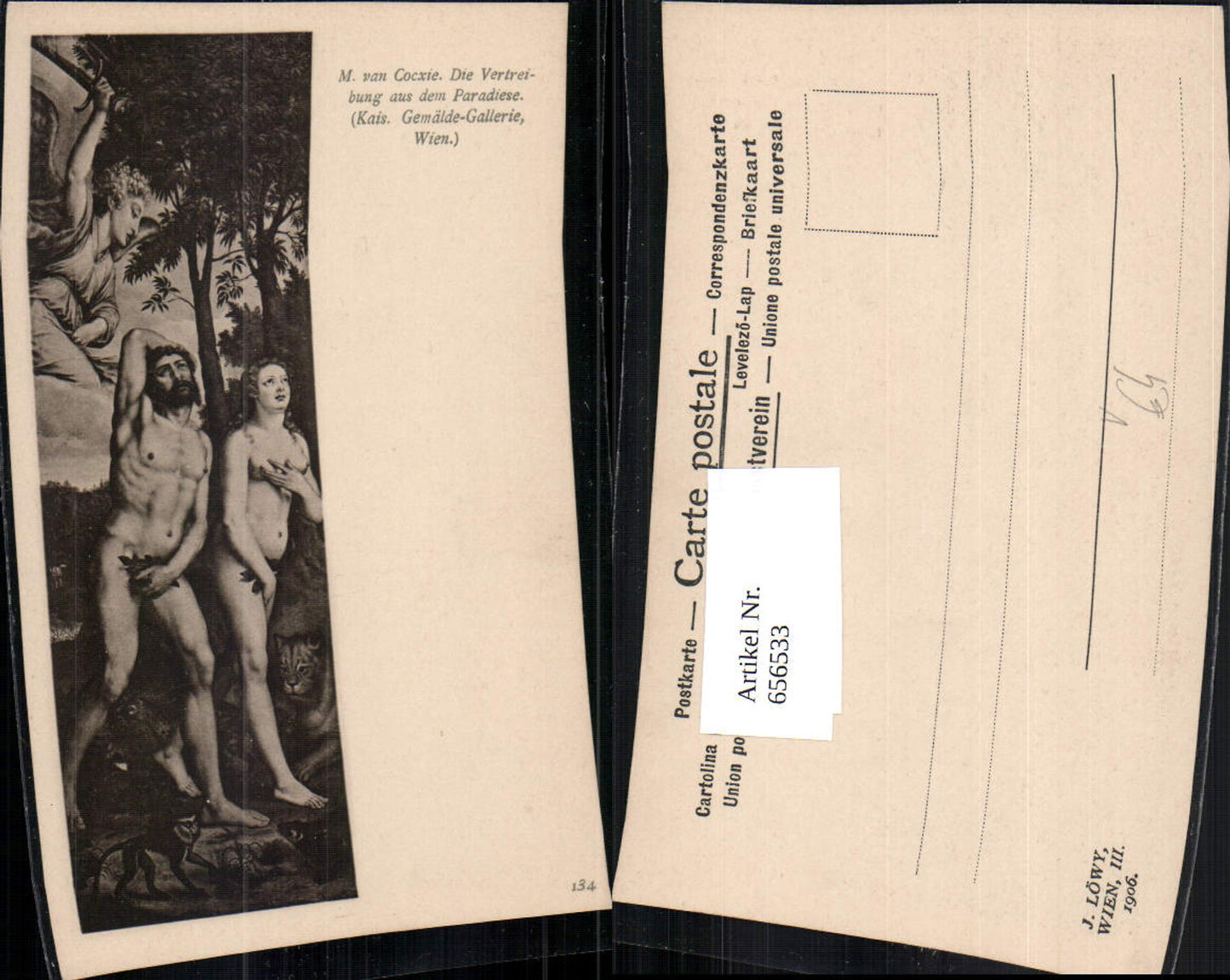 656533,Künstler Ak M. van Cocxie Die Vertreibung aus dem Paradies Adam Eva pub J. Löwy 134
