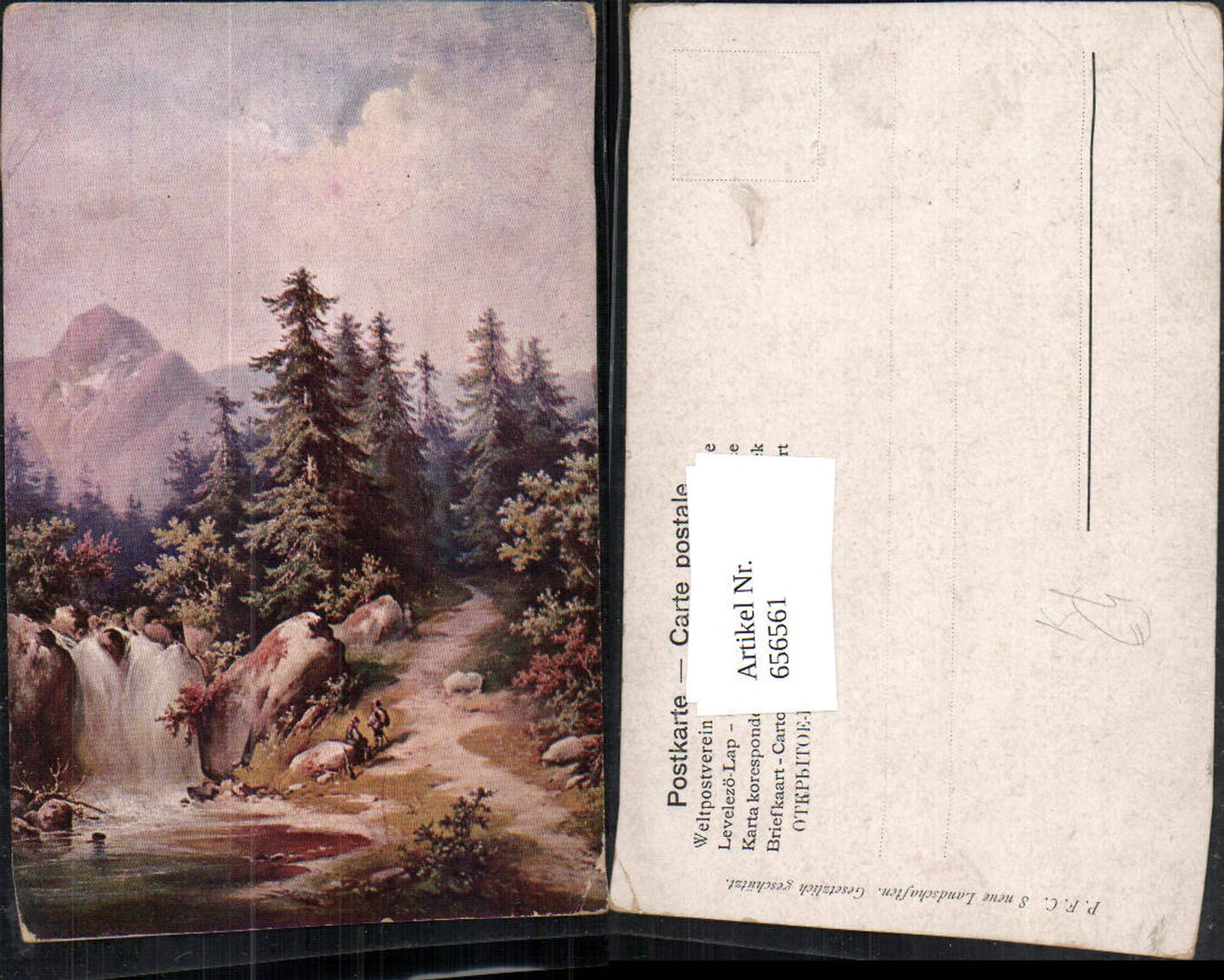656561,Künstler Ak Landschaft Wanderer Wasserfall Bergkulisse Jäger Jagd