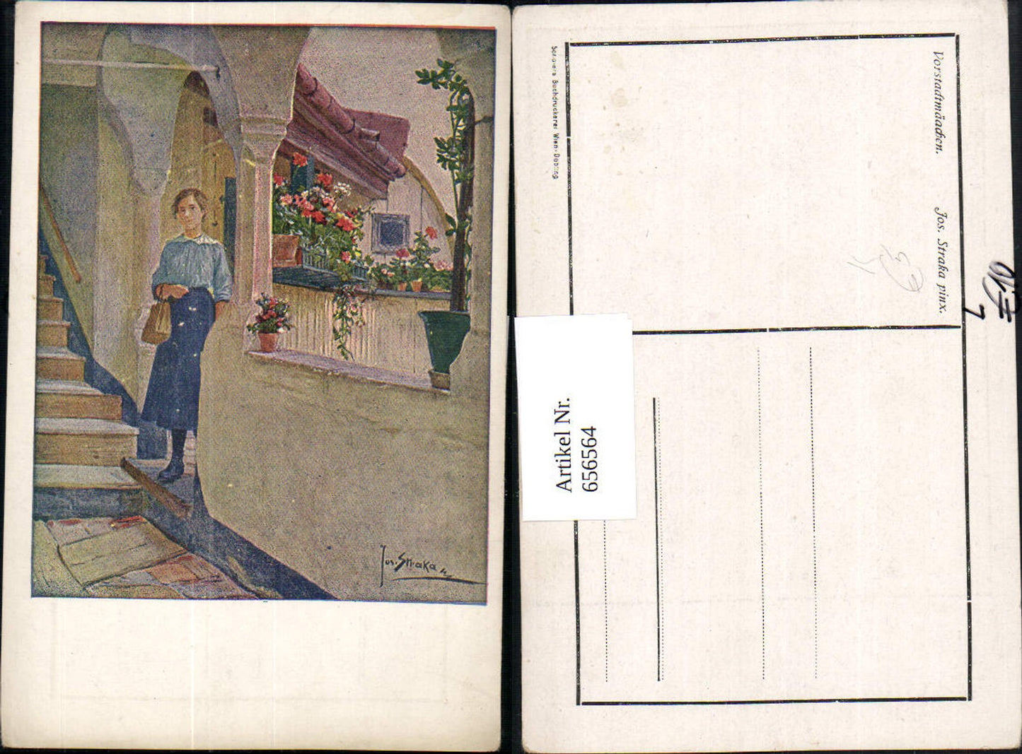 656564,Künstler Ak Jos. Straka Vorstadtmädchen Junge Frau v. Stiege Haus