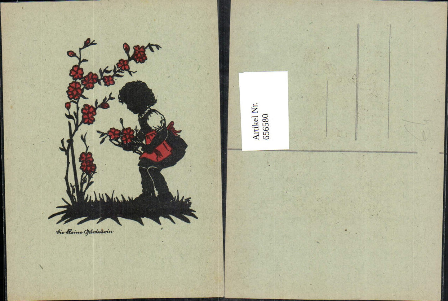 656580,Künstler Ak Scherenschnitt Silhouette Die kleine Gärtnerin Blumen Mädchen