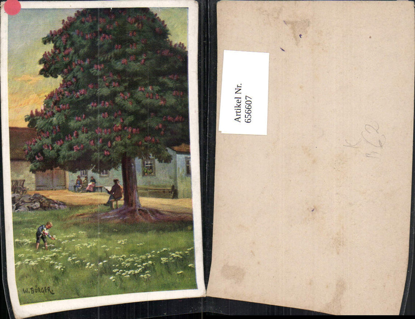 656607,Künstler Ak W. Bürger Mann liest unter Kastanienbaum Baum Bauernhof Lesen