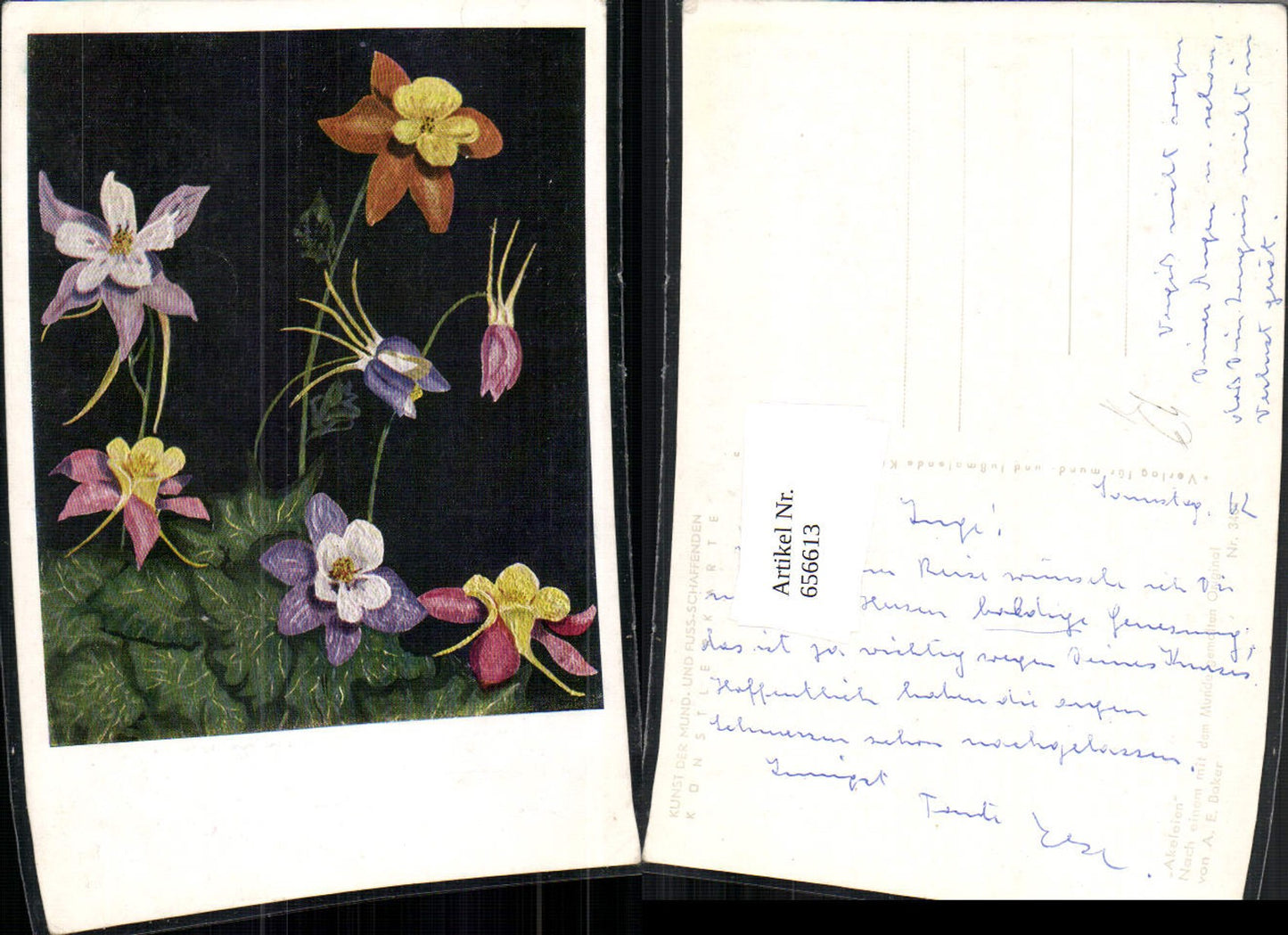 656613,Künstler Ak Mundgemalt A. E. Baker Akeleien Blumen