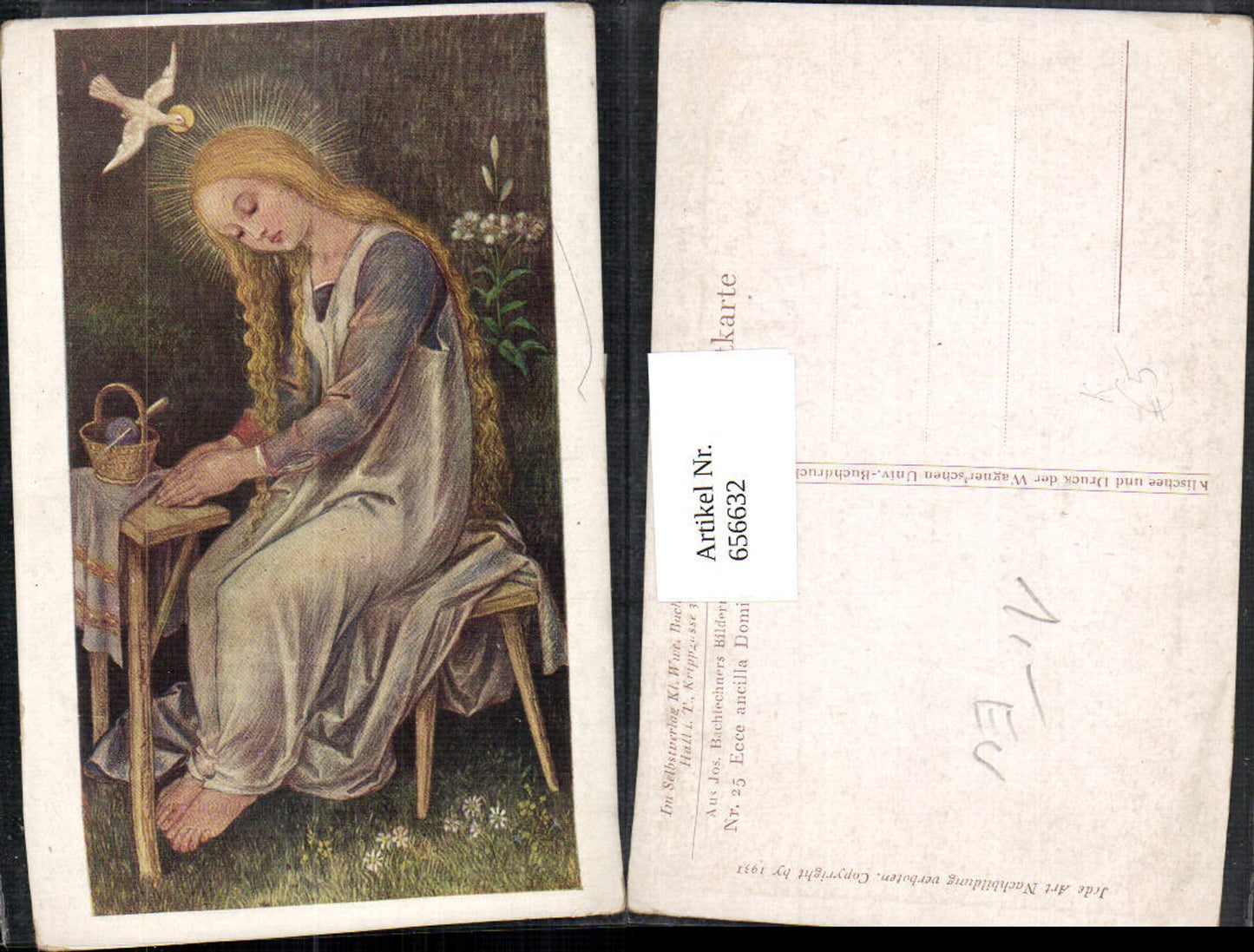 656632,Künstler Ak Jos. Bachlechner Ecce ancilla Domini Frau Heiligenschein Taube