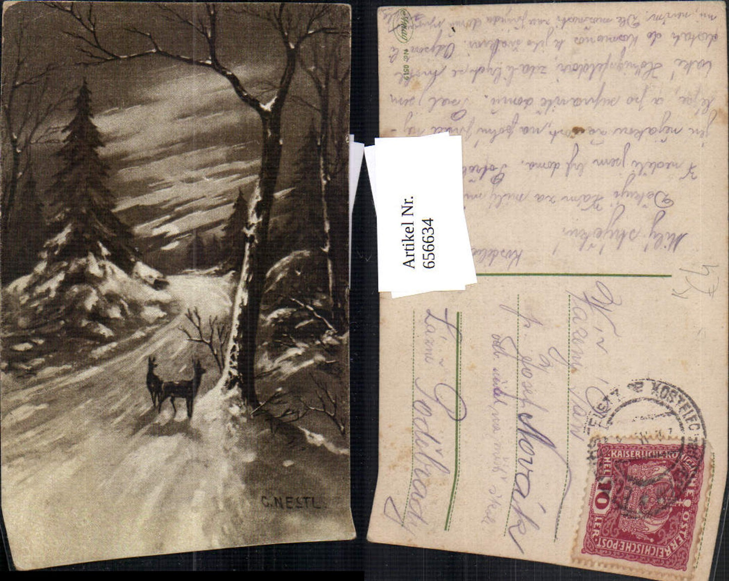 656634,Künstler Ak C. Nestl Rehe Winterwald Landschaft Wild