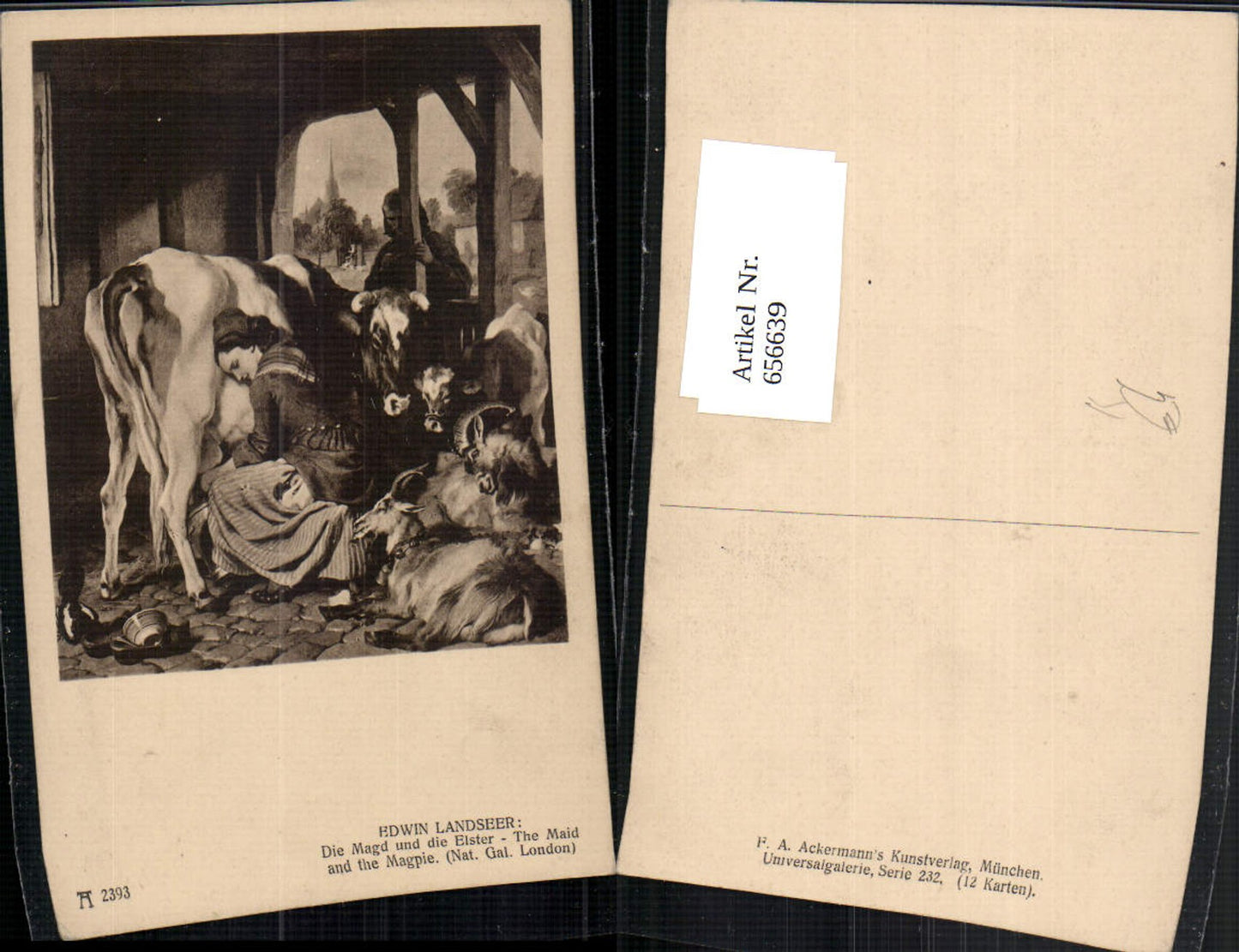 656639,Künstler Ak Edwin Landseer Die Magd und die Elster Kühe Rinder Melken