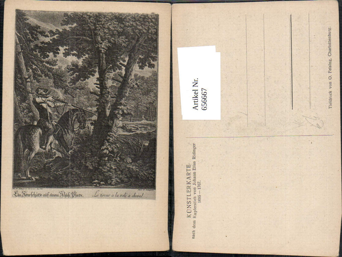 656667,Künstler Ak n. Kupferstich Johann Elias Ridinger Jäger auf Pferd in Wald Jagd