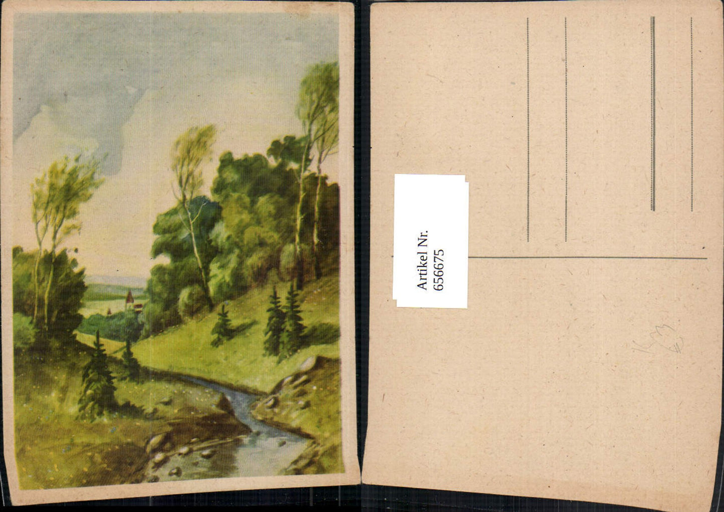 656675,Künstler Ak Landschaft Birken Bach Dorf im Hintergrund