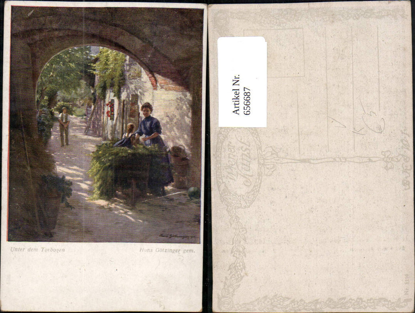 656687,Künstler Ak Hans Götzinger Unter dem Torbogen Frau Kind Heukarren pub B.K.W.I. 1110