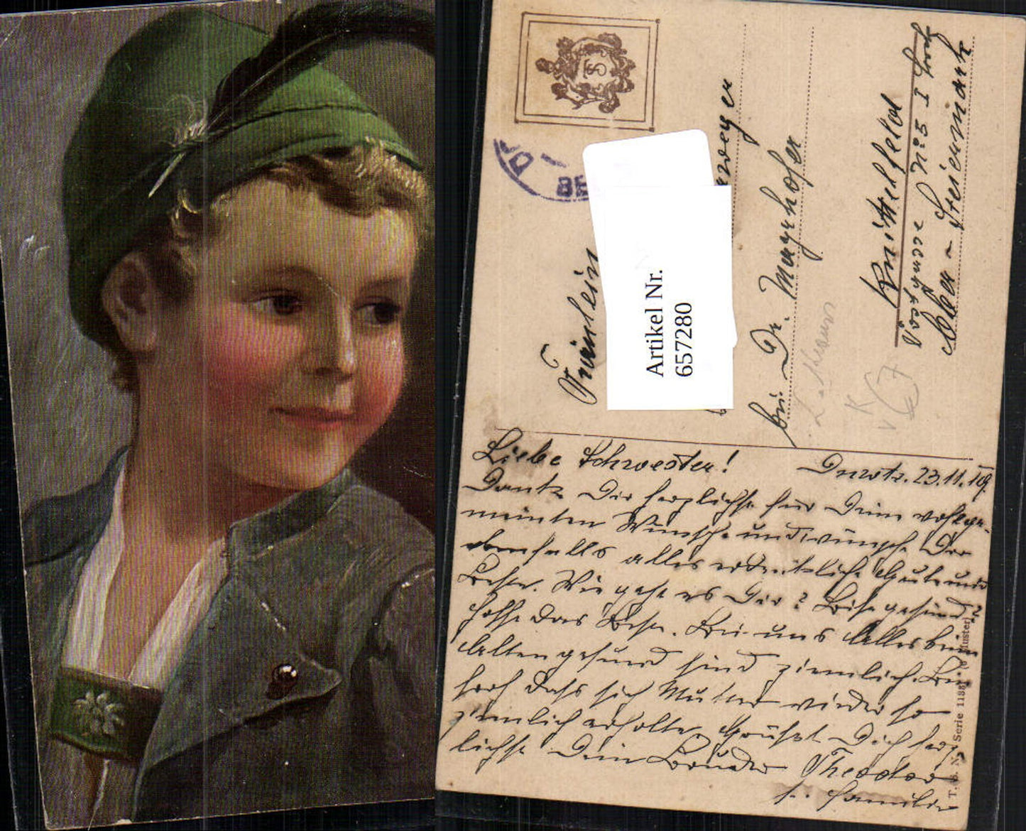 657280,Künstler AK L. Kraus München Tracht Hut Junge Edelweiß pub Theo Stroefer 1133