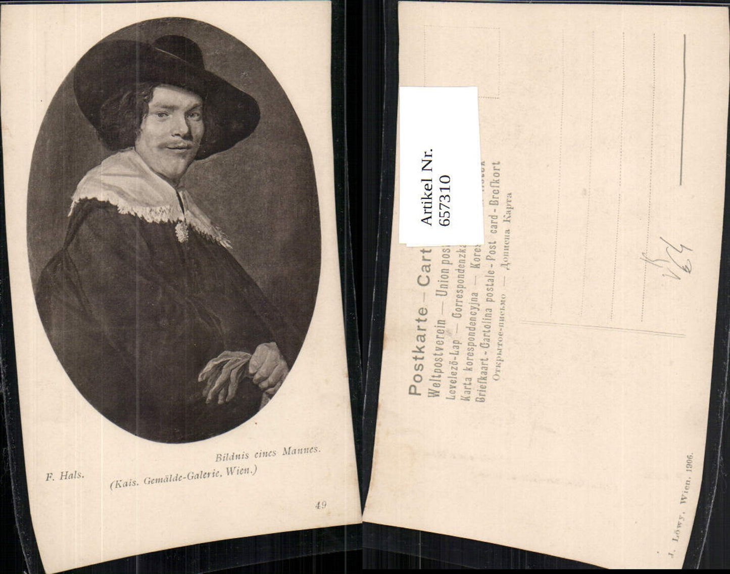 657310,Künstler AK P. Hals Bildnis eines Mannes Passepartout pub J. Löwy 49