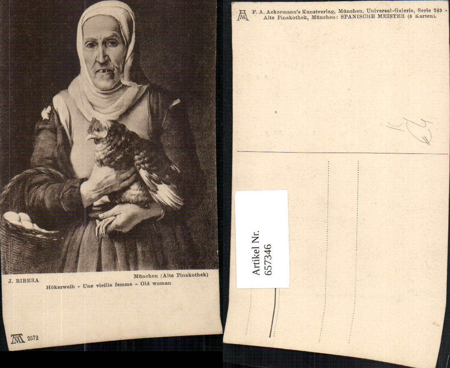 657346, Artist AK J. Ribera Hökerweib Old woman with chicken basket eggs