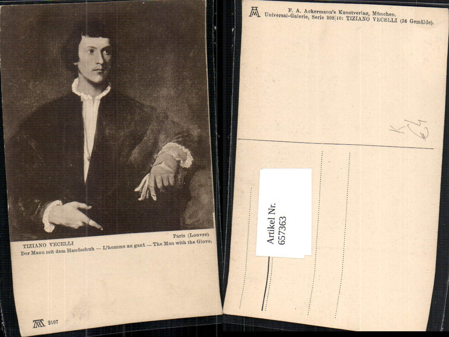 657363,Künstler AK Tiziano Vecelli Der Mann mit dem Handschuh L homme au gant