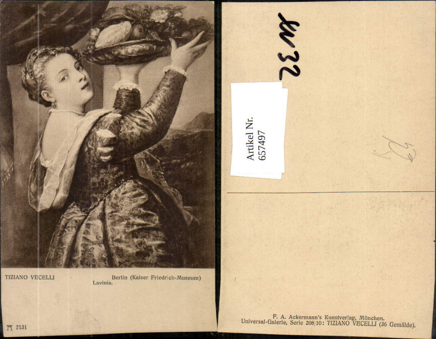 657497,Künstler AK Tiziano Vecelli Lavinia Frau mit Schale Obst Früchte