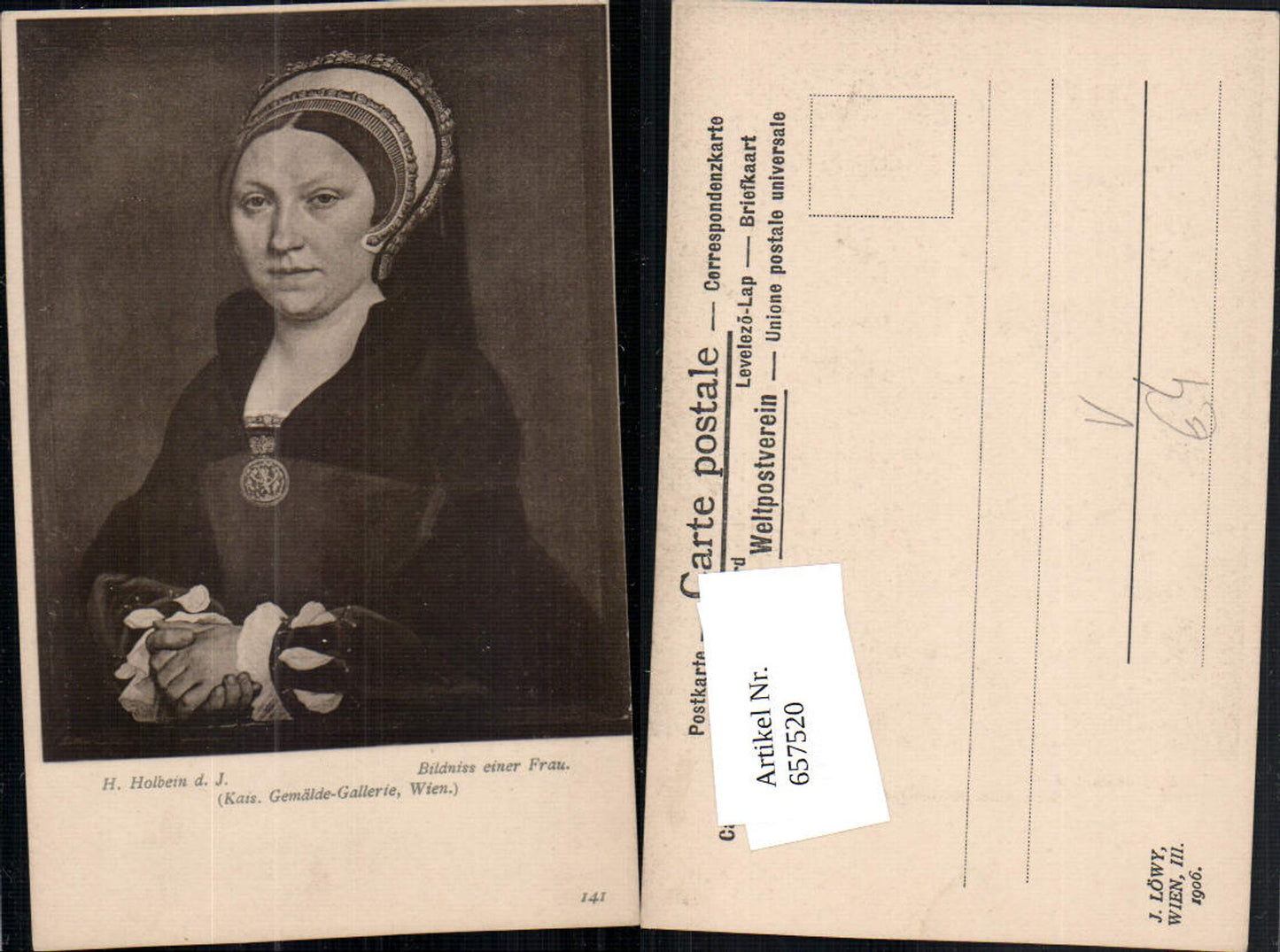 657520, Artist AK H. Holbein the Younger Portrait of a Woman pub J. Löwy 141