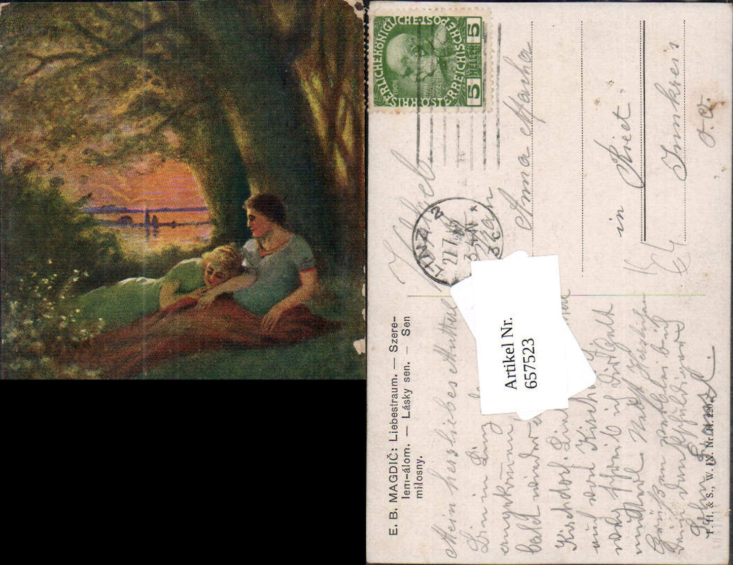 657523,Künstler AK E. B. Magdic Liebestraum Frauen unter Baum