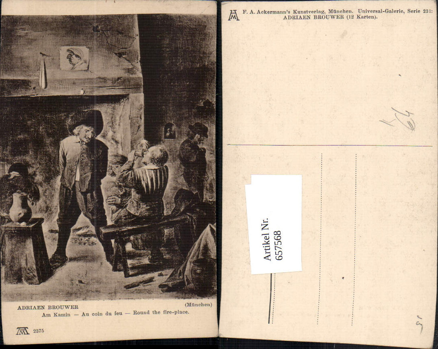 657568,Künstler AK Adriaen Brouwer Am Kamin Au coin du feu
