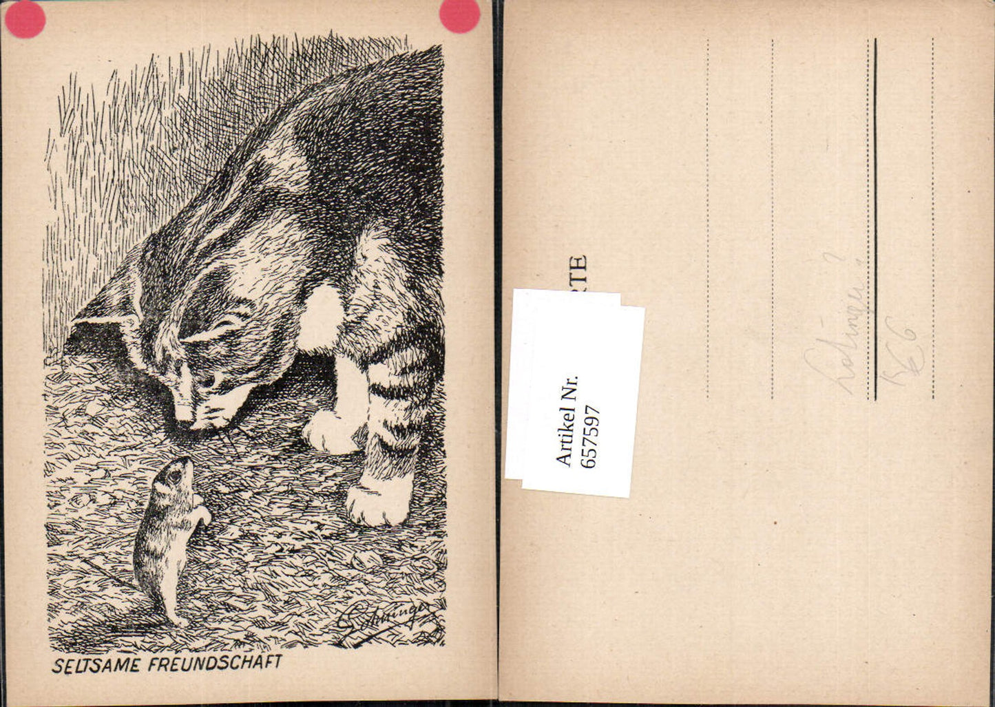657597,Künstler AK Lotringer Seltsame Freundschaft Katze u. Maus Tiere