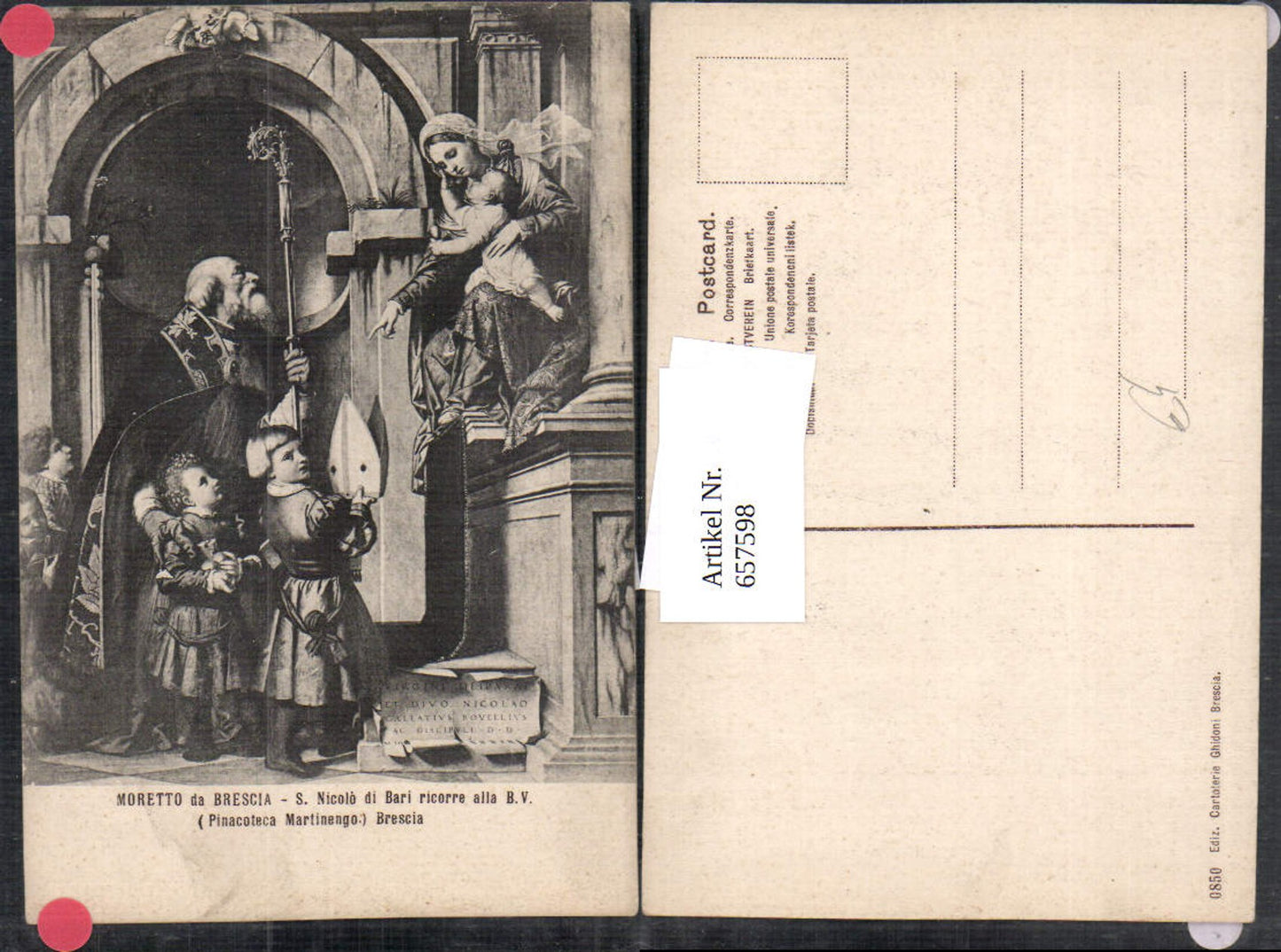 657598,Künstler AK Moretto da Brescia S. Nicolo di Bari ricorre alla B. V.
