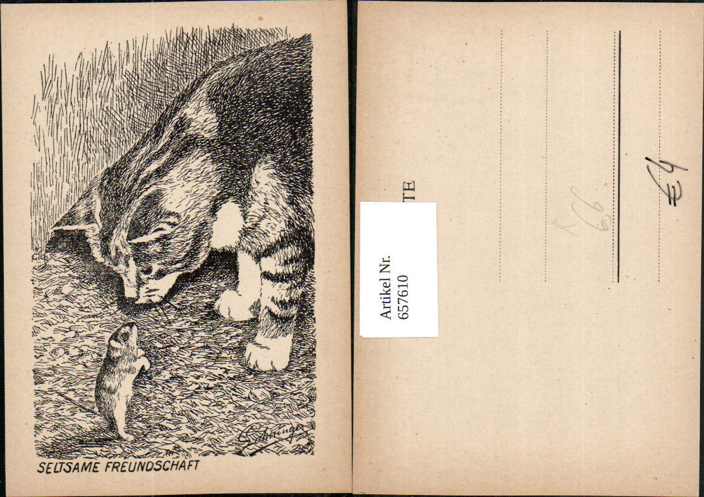 657610,Künstler AK Lotringer Seltsame Freundschaft Katze u. Maus Tiere