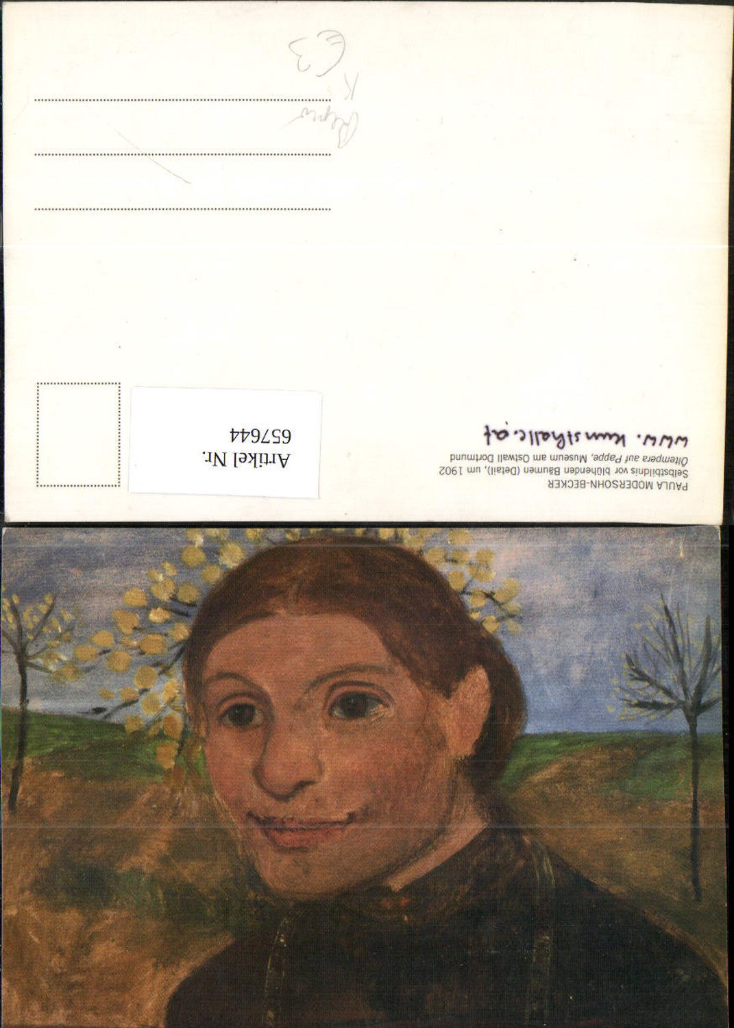 657644,Künstler AK Repro Paula Modersohn-Becker Selbstbildnis v. blühende Bäumen