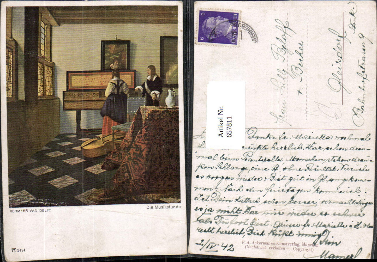657811,Künstler Ak Vermeer van Delft Die Musikstunde pub F. A. Ackermnann 3474