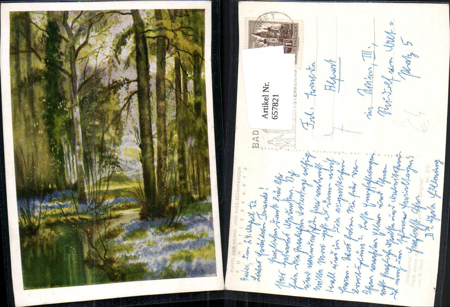 657821,Künstler Ak Mundgemalt R. Hext Waldpartie Landschaft Bäume