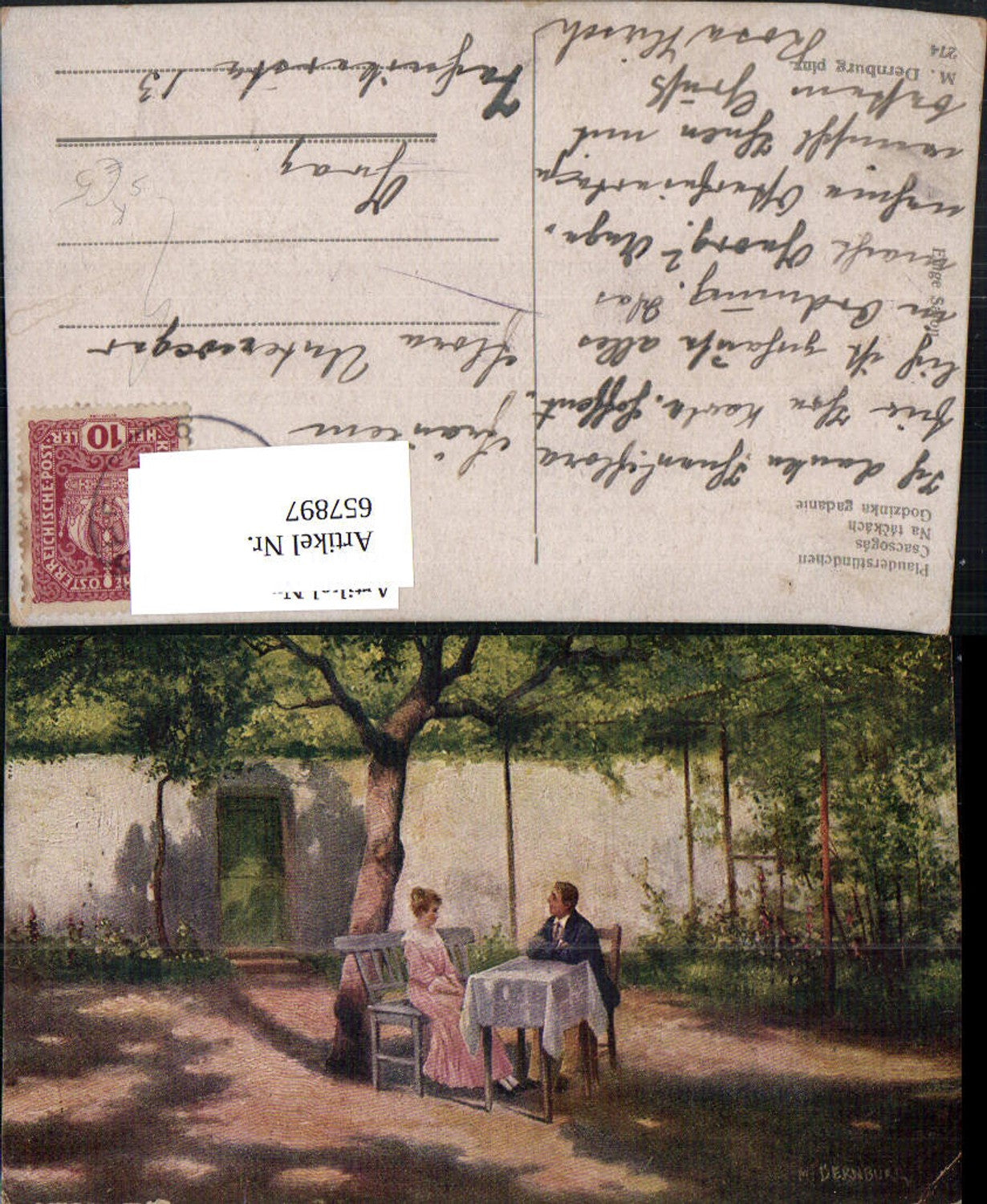 657897,Künstler Ak M. Dernburg Plauderstündchen Paar unter Baum sitzend