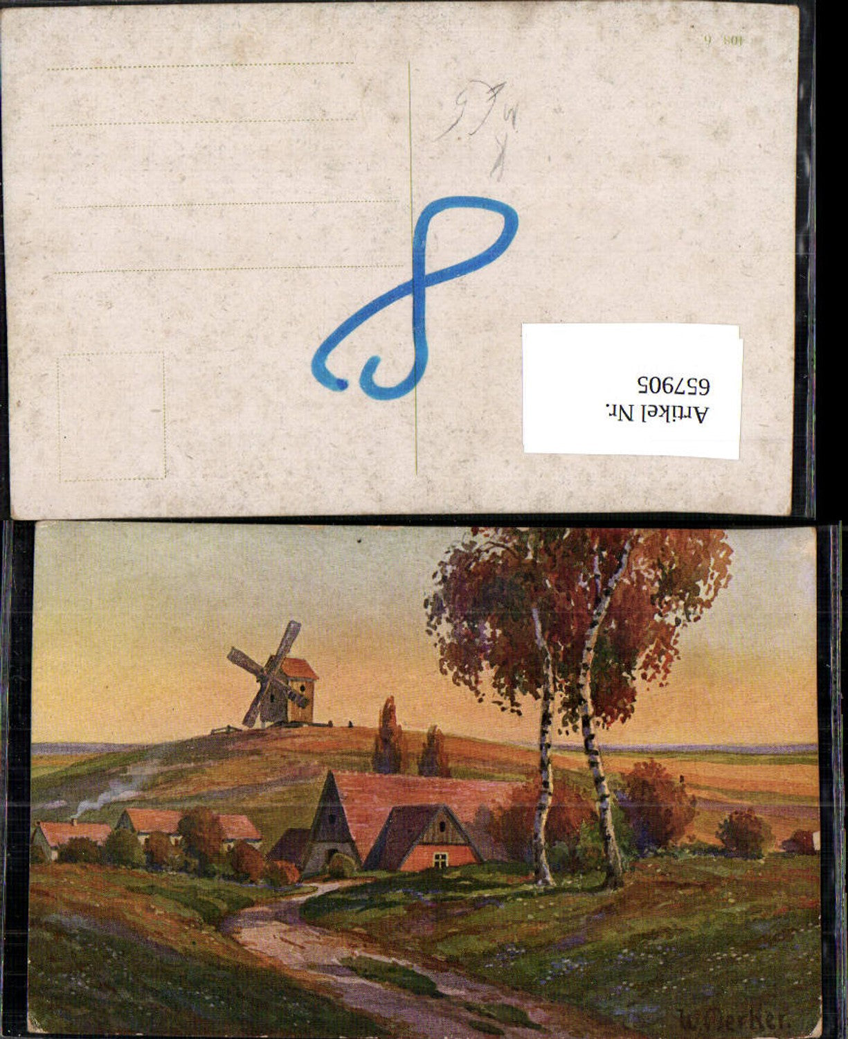 657905,Künstler Ak W. Merker Windmühle Birke Dorf Landschaft im Herbst