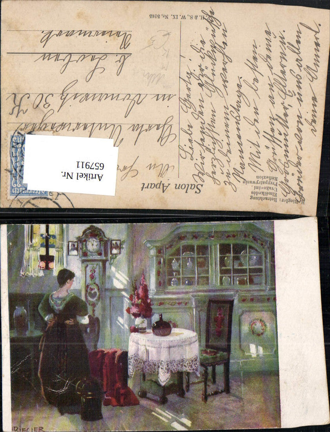 657911, Artist Ak H. Biegler, View of Woman, Grandfather Clock, Clock, Interior