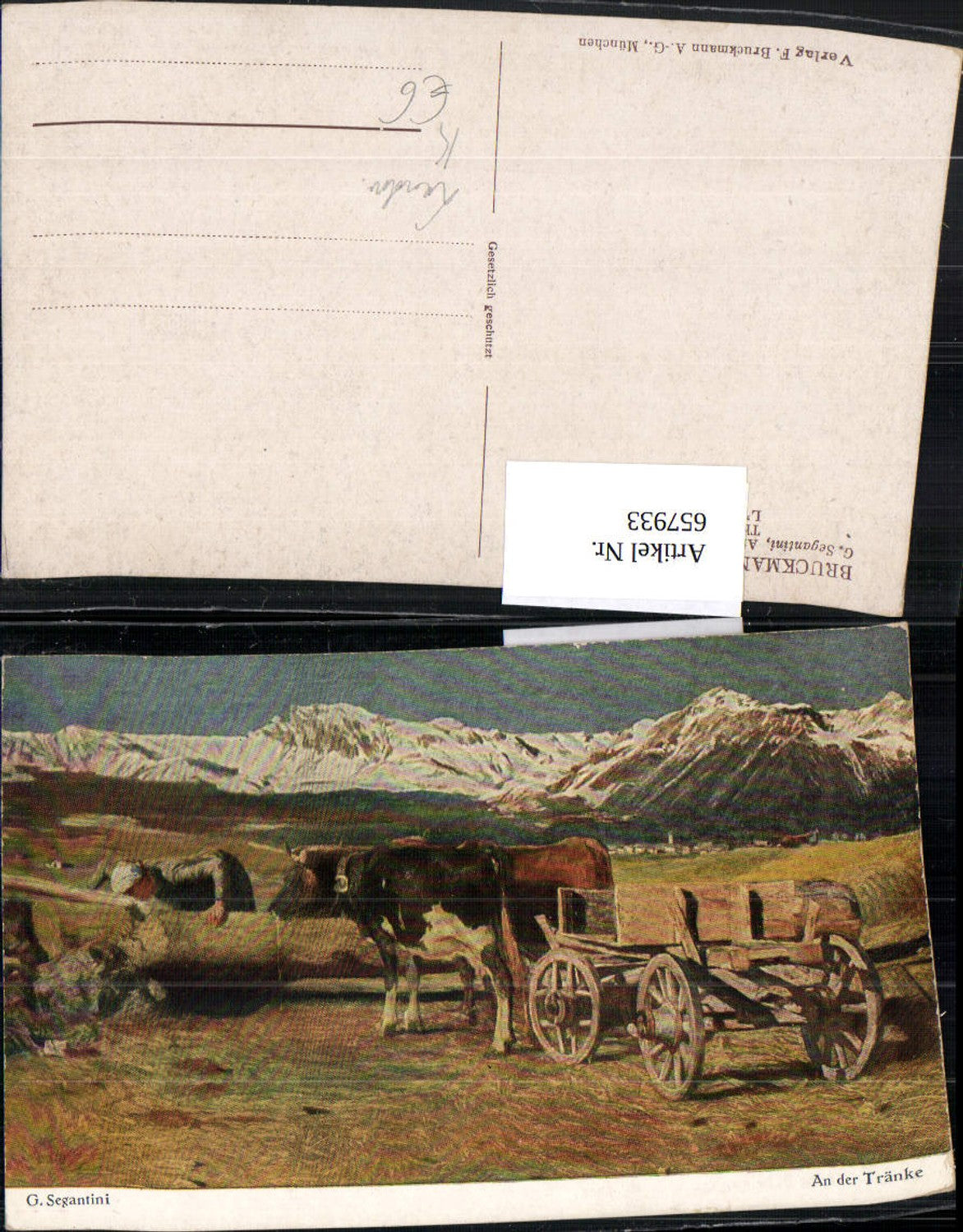 657933,Künstler Ak G. Segantini An der Tränke Frau Rinderwagen Rinder Landwirtschaft