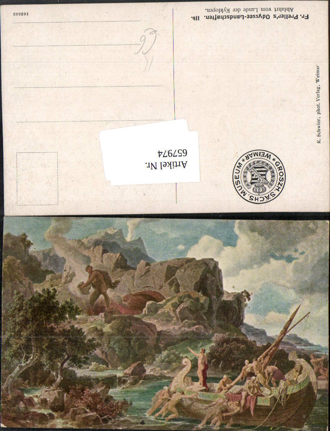 657974,Künstler Ak Fr. Prellers Odysee Landschaft Abfahrt v. Lande d. Kyklopen