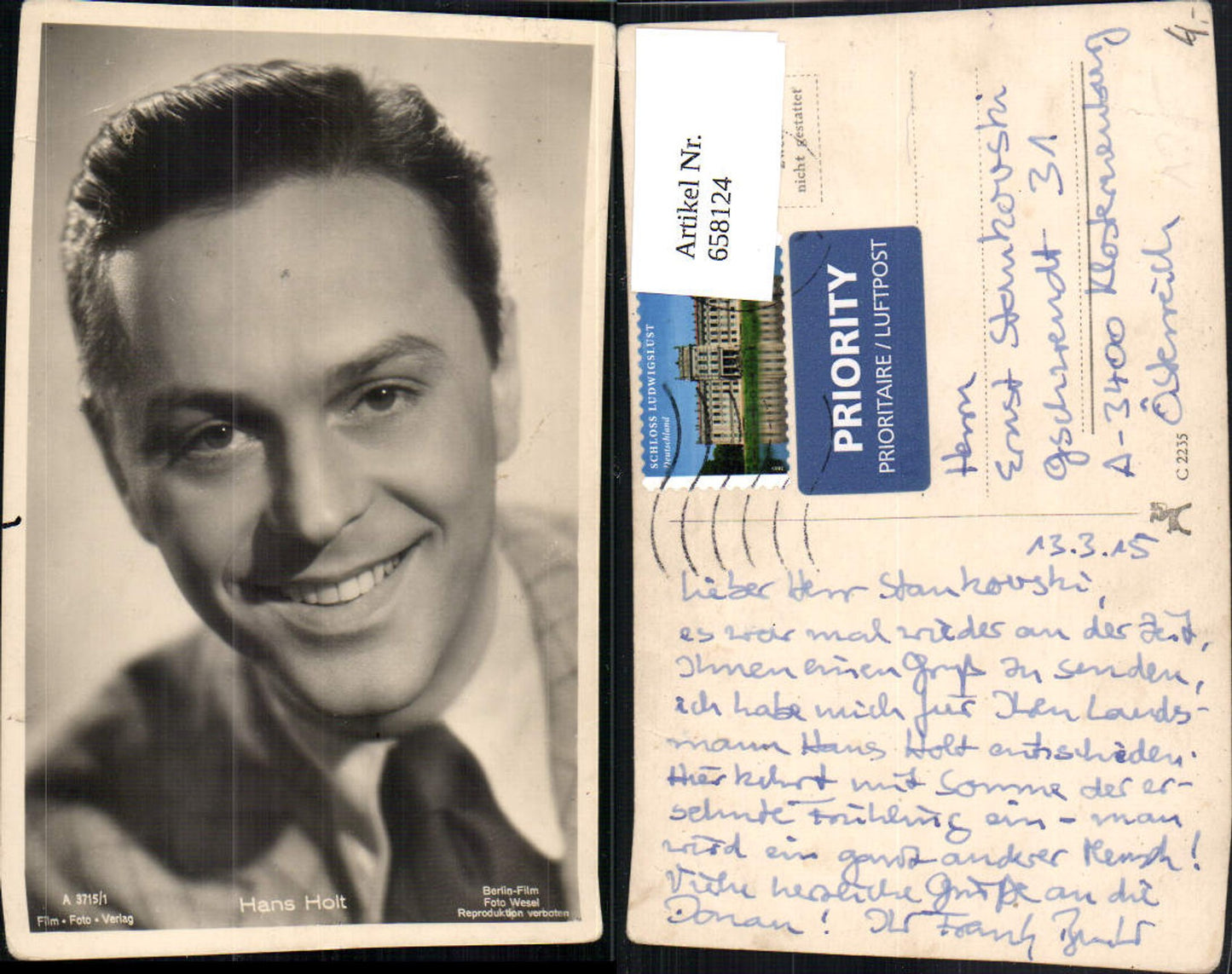 658124,Schauspieler Hans Holt pub Film Foto Verlag A 3715/1