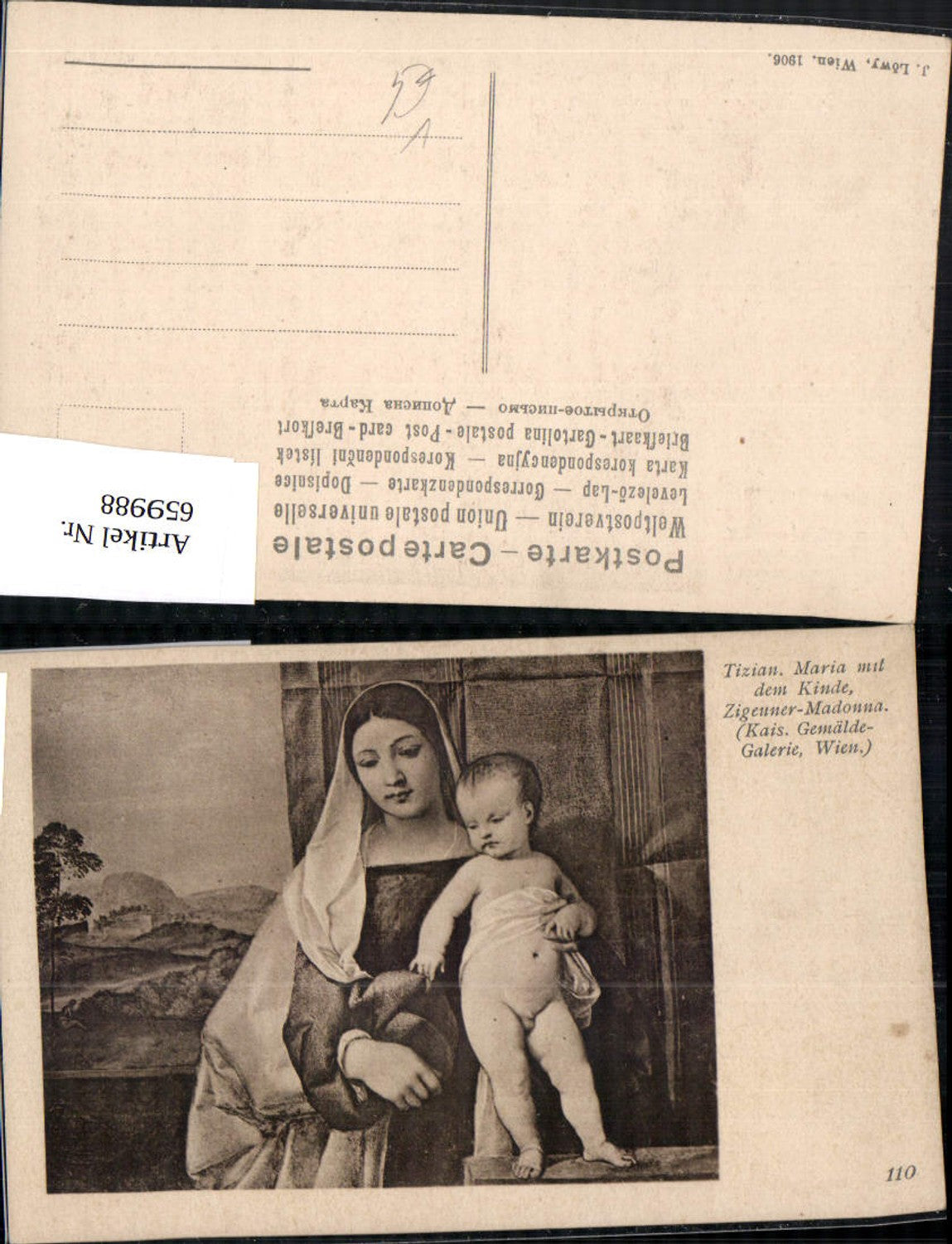 659988,Künstler Ak Tizian Maria mit dem Kinde Zigeuner-Madonna pub J. Löwy 110