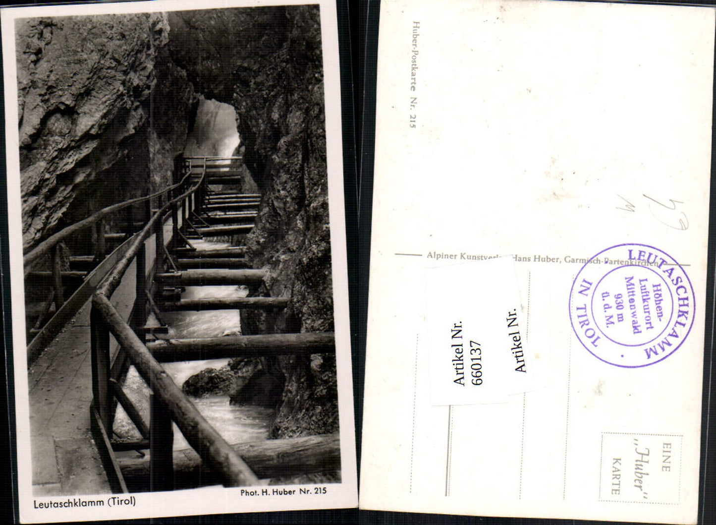 660137,Foto Ak Mittenwald Leutaschklamm pub H. Huber 215