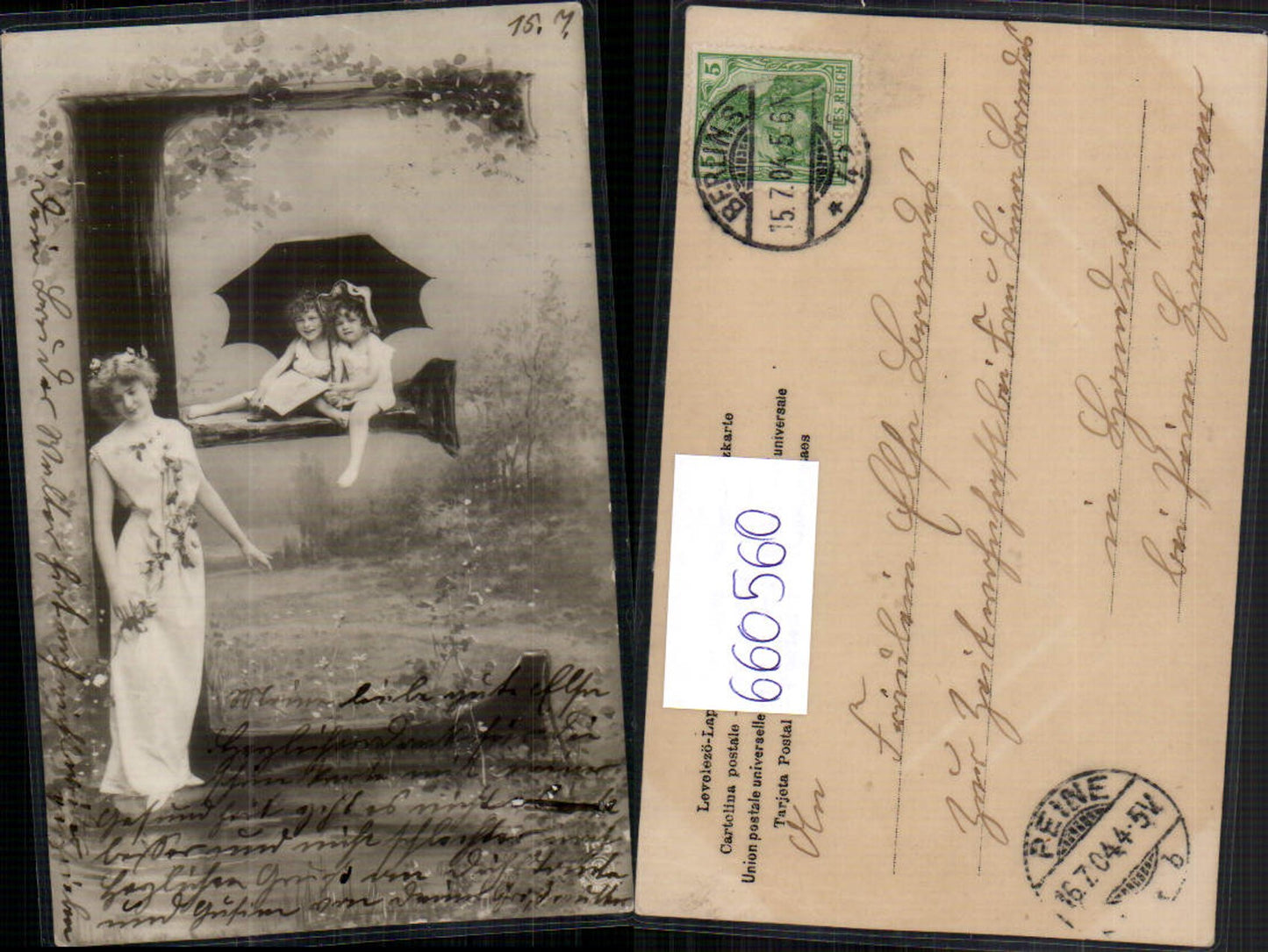 660560,Fotomontage Buchstaben AK E Frau Kinder einlaminiert