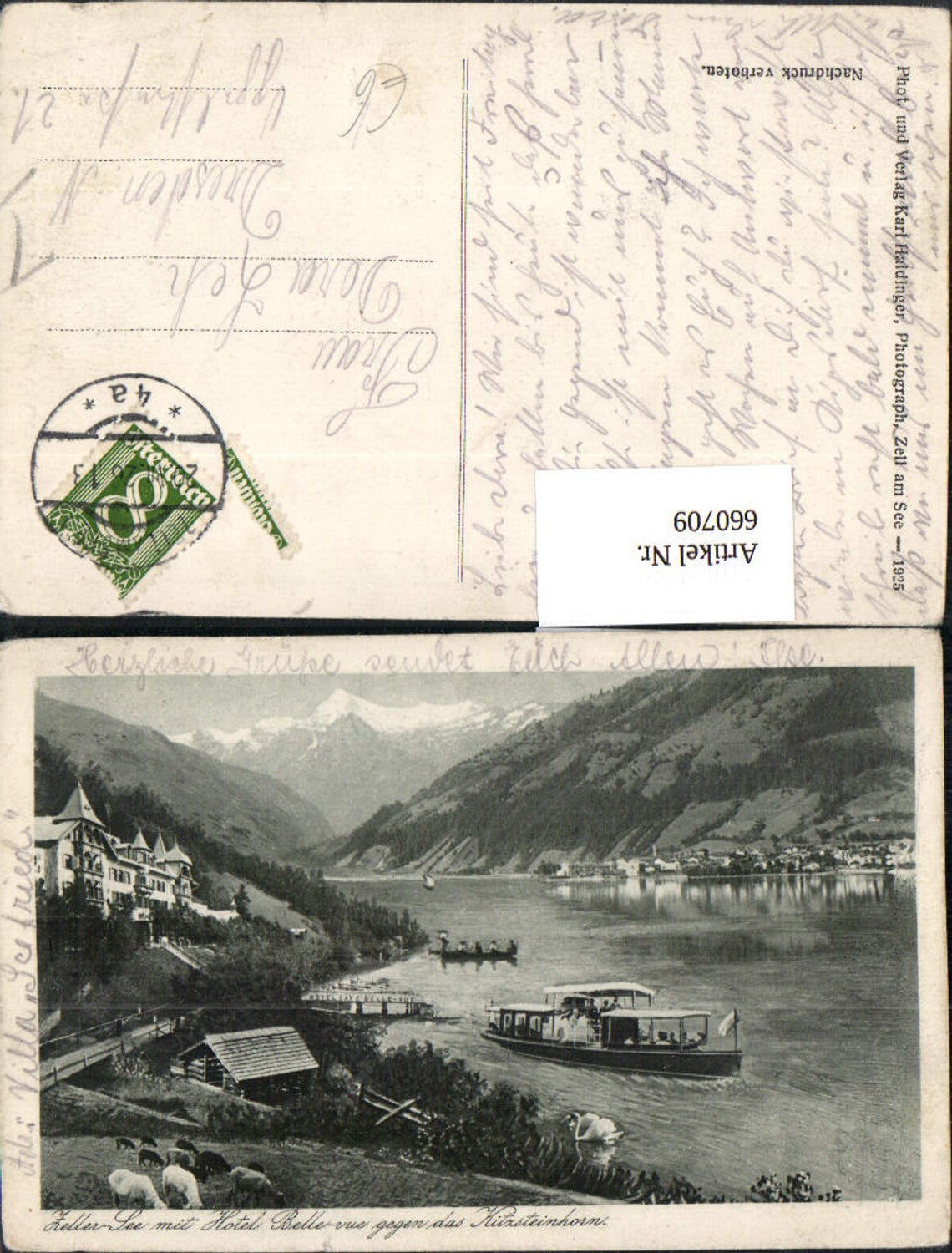 660709,Zeller See mit Hotel Bellevue geg. d. Kitzsteinhorn Schiffe Zell a. See