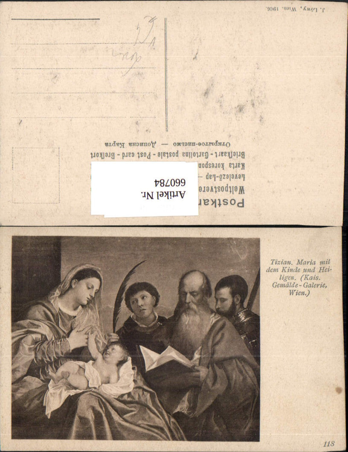660784,Künstler Ak Tizian Maria mit dem Kinde u. Heiligen Religion Lesen pub J. Löwy 118