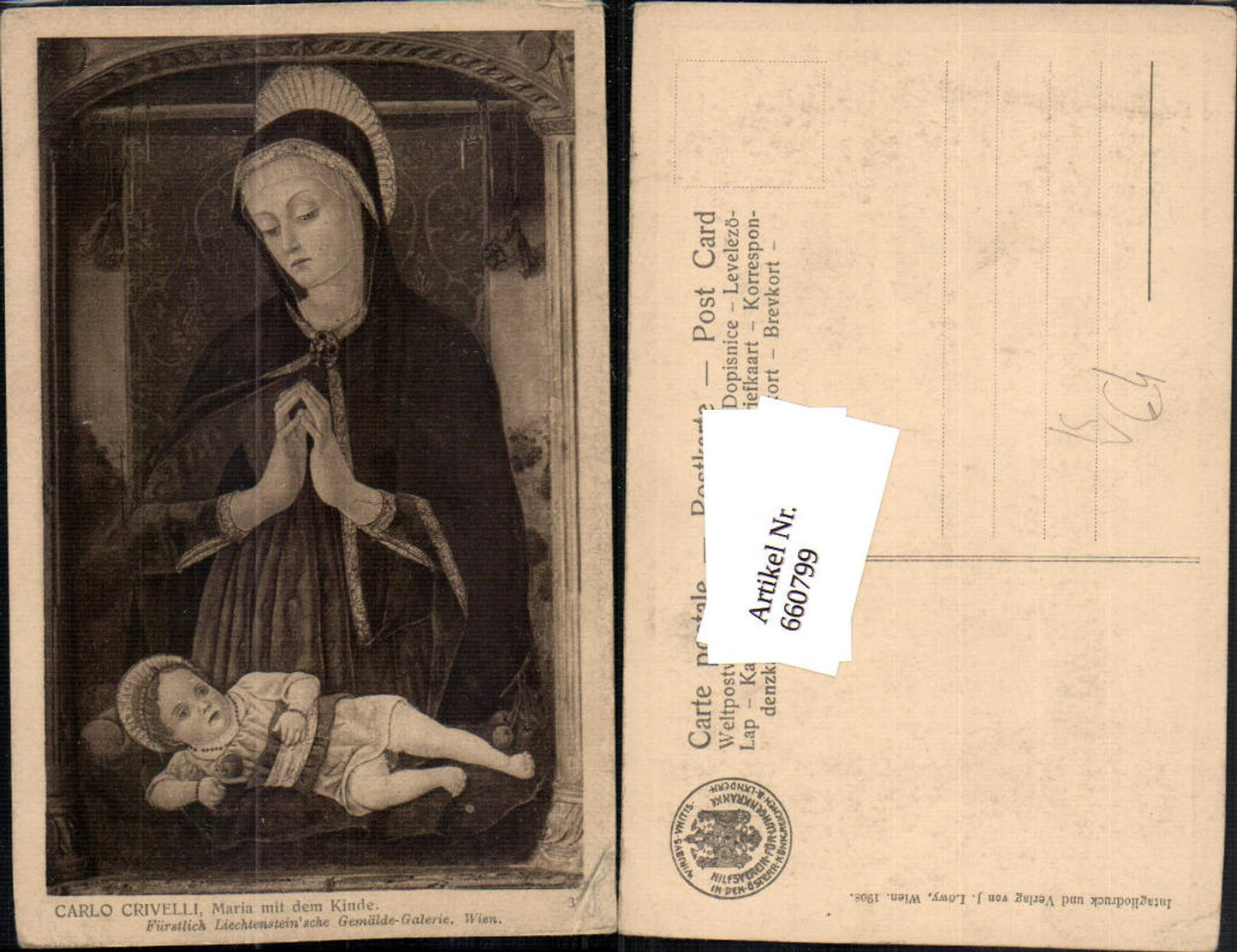 660799,Künstler Ak Carlo Crivelli Maria mit dem Kinde Religion pub J. Löwy