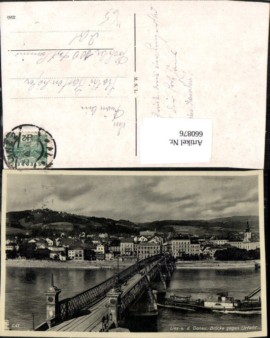660876,Linz a. d. Donau Brücke geg. Urfahr Schiff Dampfer