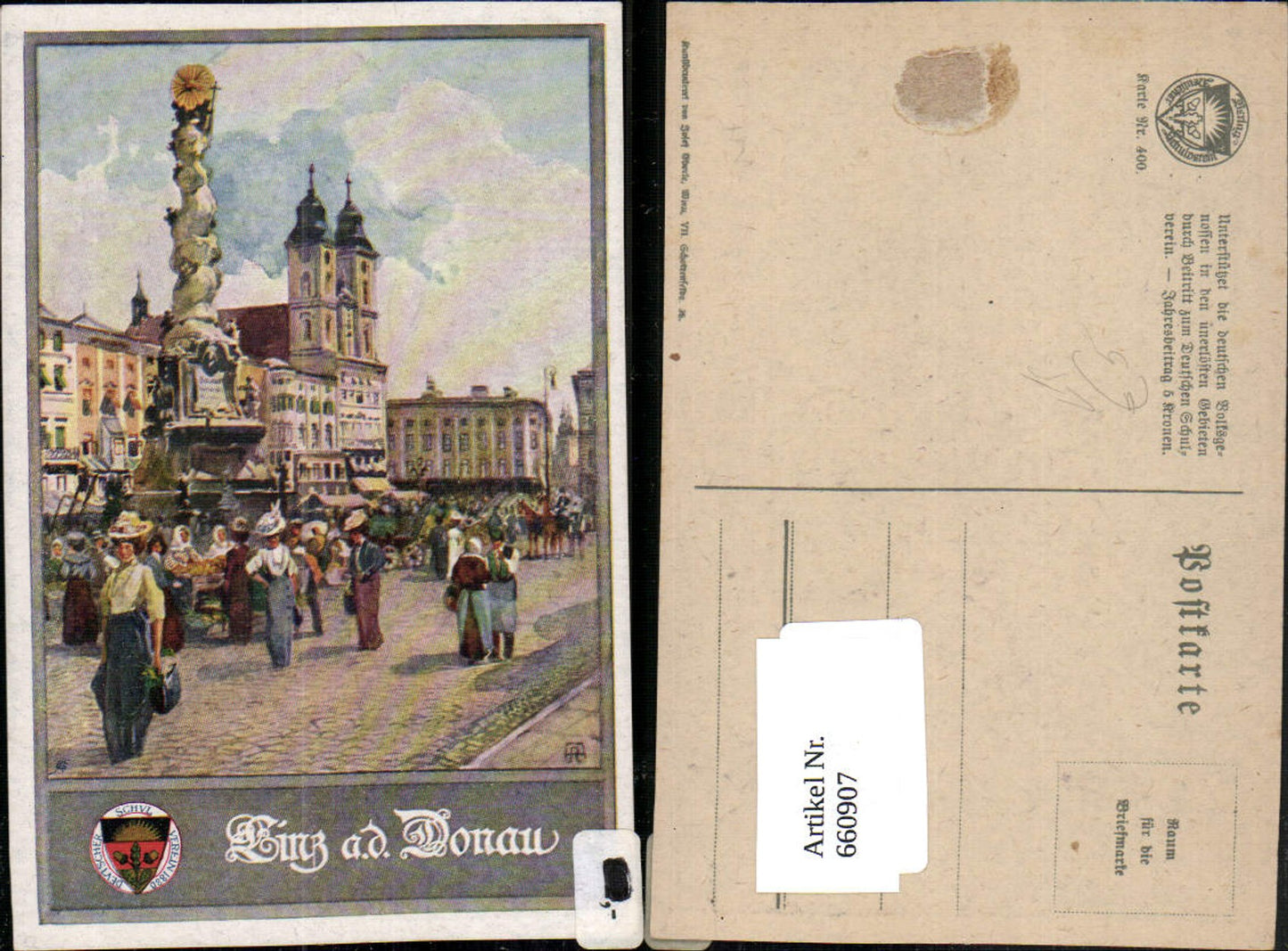 660907,Künstler Ak Linz a. d. Donau Hauptplatz pub Schulverein 400