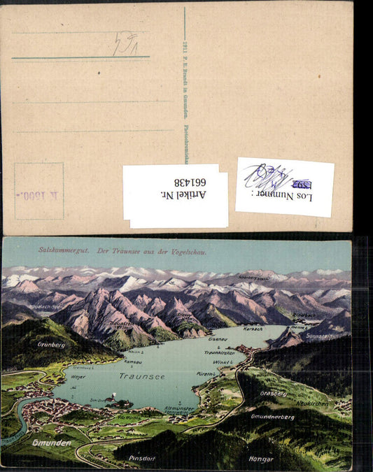 661438,Lagekarte Traunsee Gmunden Salzkammergut Vogelschau pub F. E. Brandt 1037