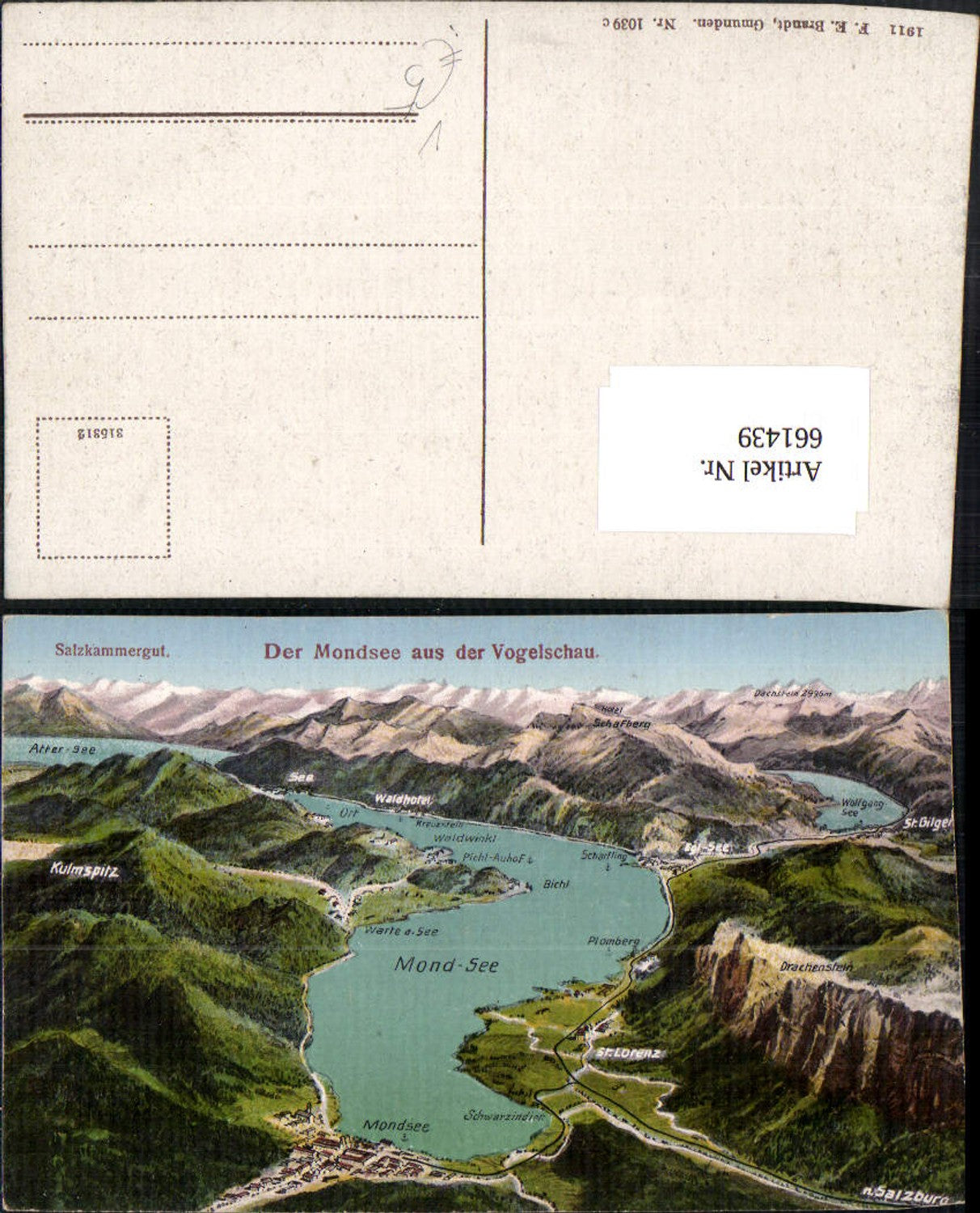 661439,Lagekarte Mondsee Mondsee Vogelschau pub F. E. Brandt 1039c