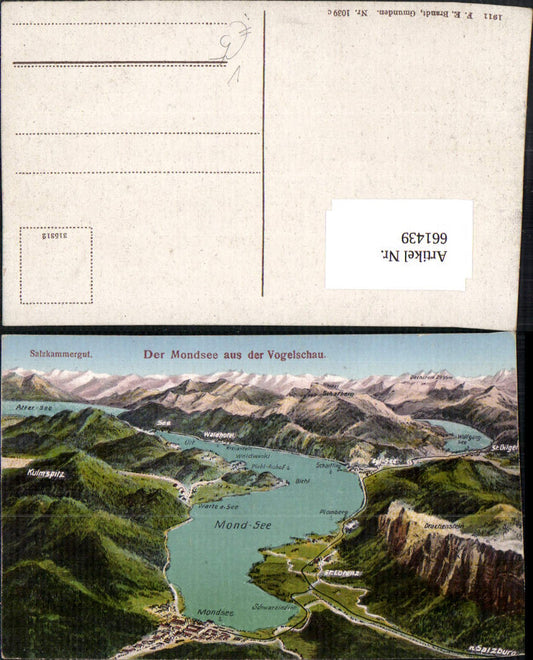661439,Lagekarte Mondsee Mondsee Vogelschau pub F. E. Brandt 1039c