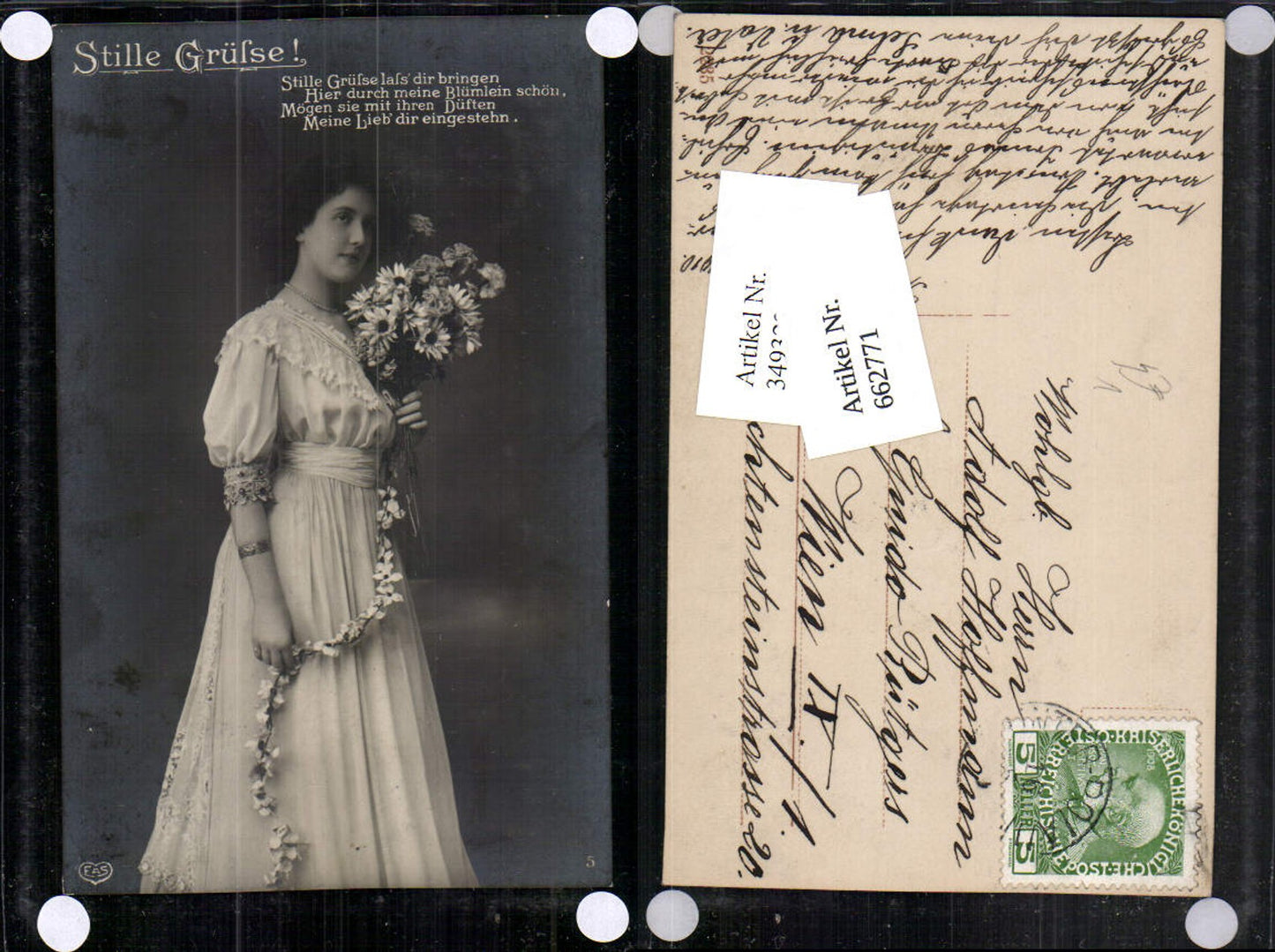 662771,Foto-AK Frau Portrait Gänseblümchen Blumen Kleid pub EAS