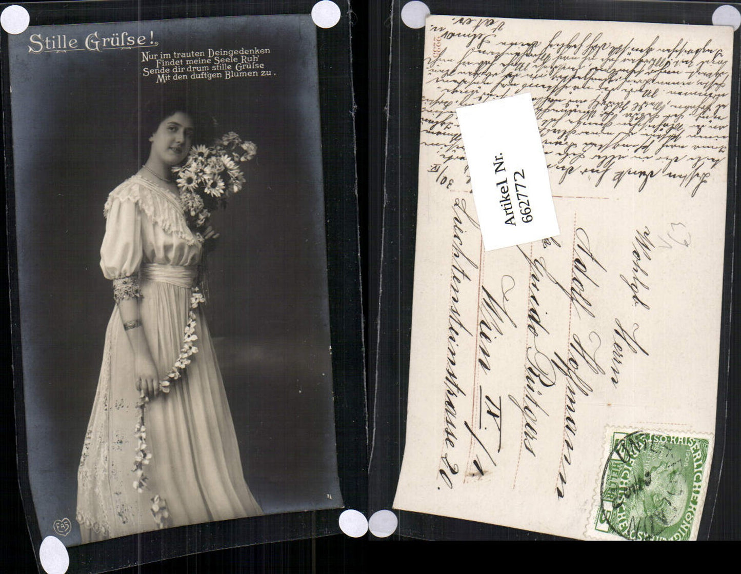 662772,Foto-AK Frau Portrait Gänseblümchen Blumen Kleid pub EAS