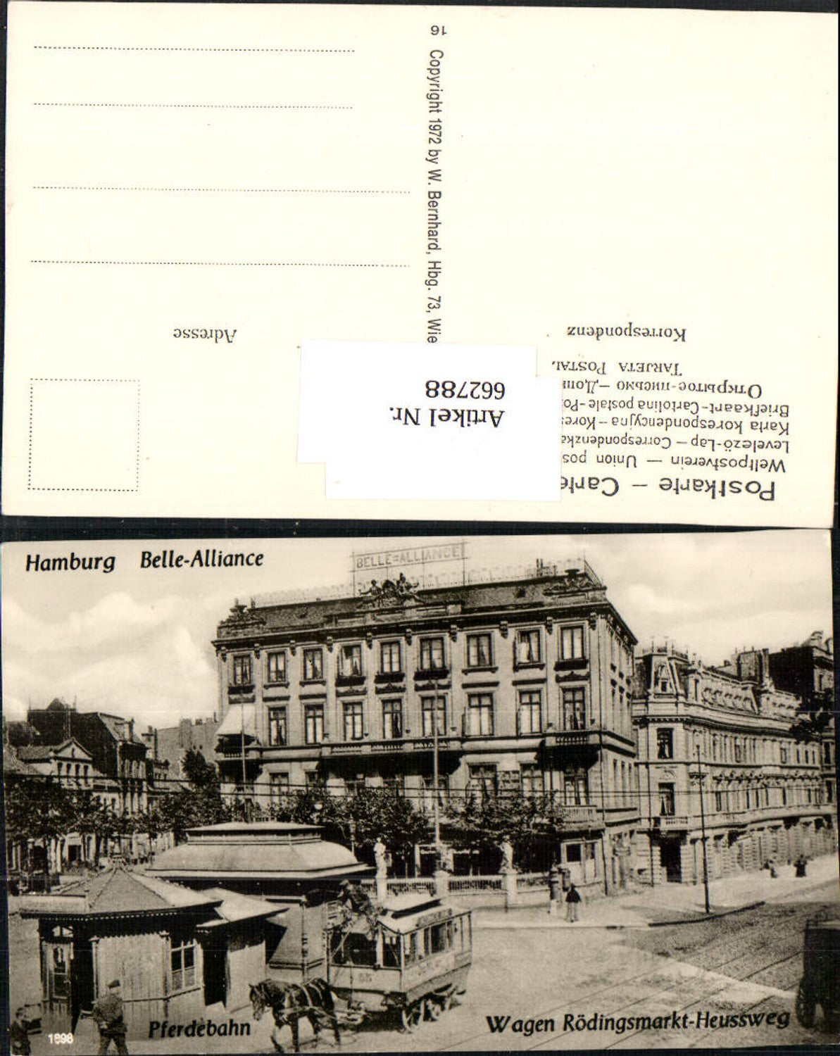 REPRO AK Hamburg Eimsbüttel Belle Alliance Hotel Pferdebahn Rödingsmarkt Heussweg