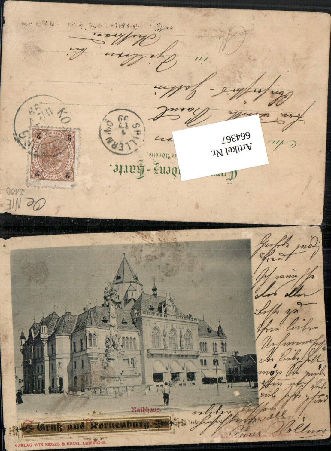 664367,seltene AK Gruss aus Korneuburg Rathaus 1900 pub Regel & Krug