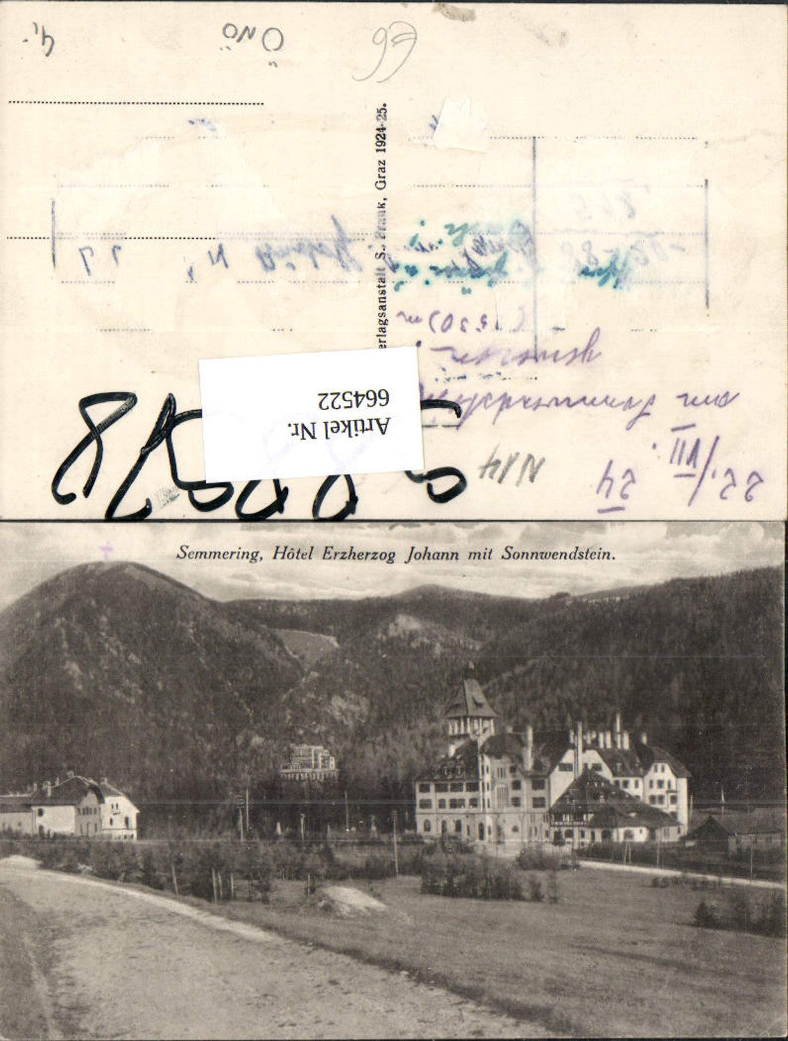664522,Foto Ak Semmering Hotel Erzherzog Johann mit Sonnwendstein